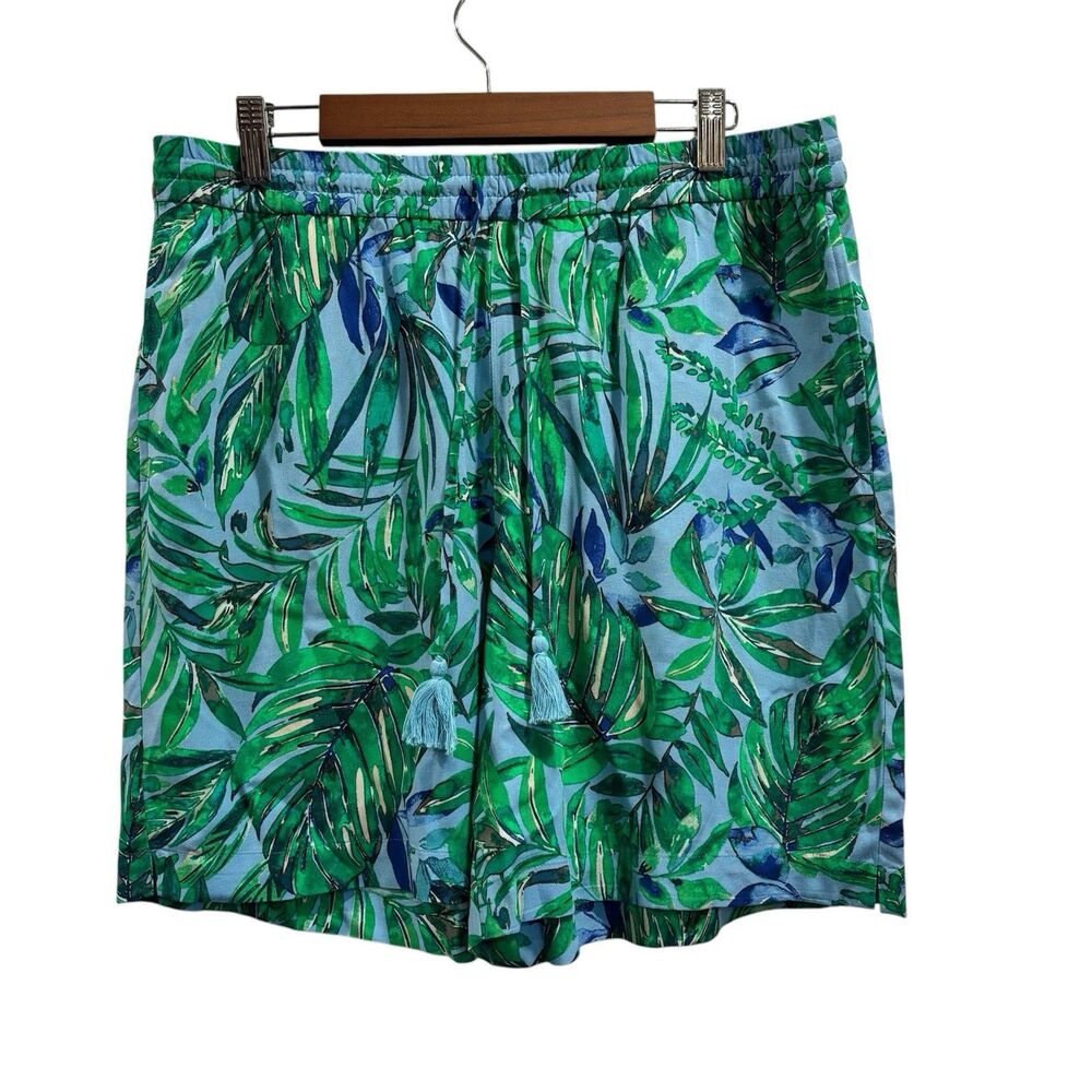 J.Jill Tasseled Drawstring Pull-On rayon Shorts Size Medium green blue tropical